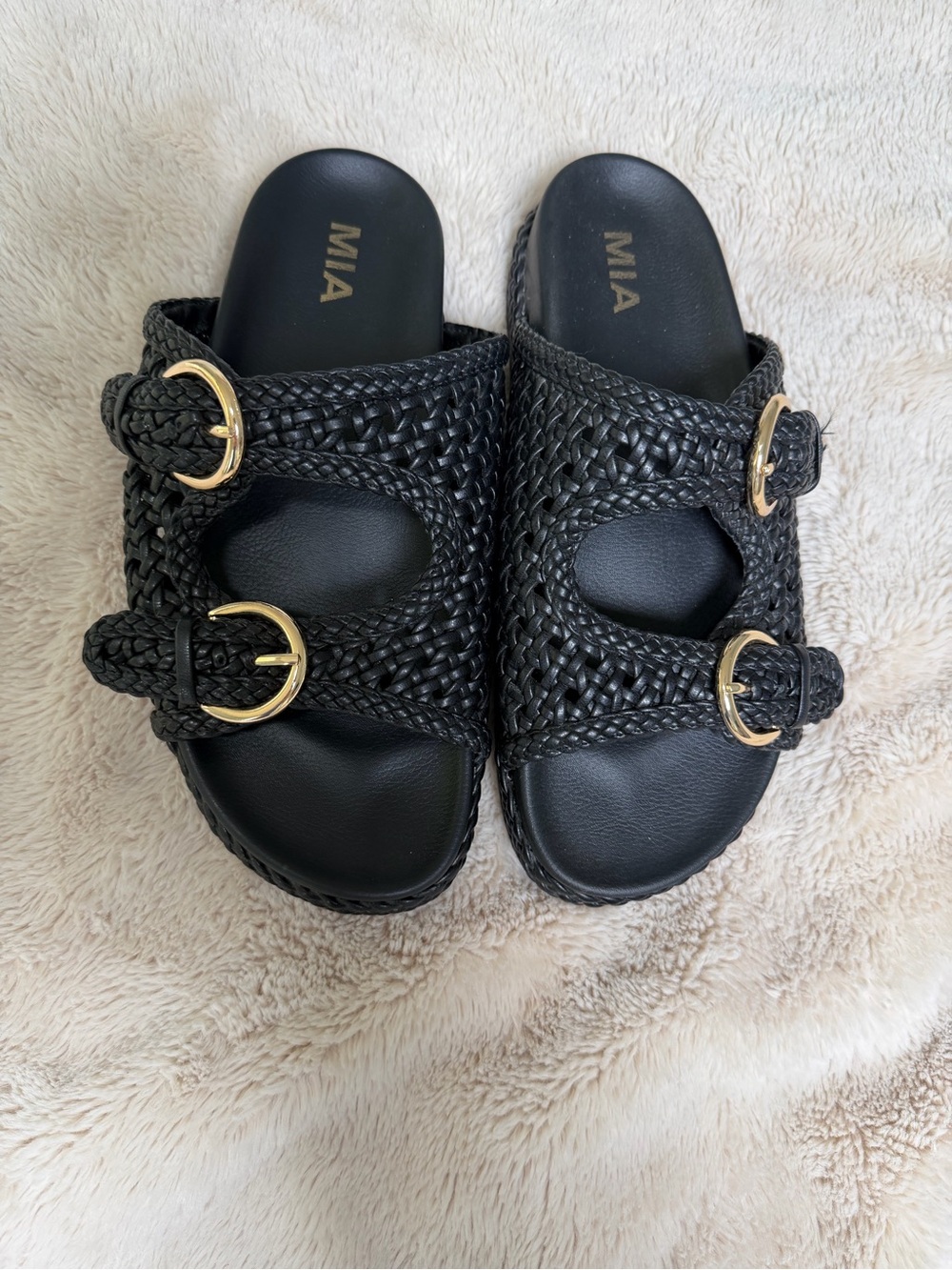 MIA Black Woven Double-Buckle Slide Sandals with Gold Buckles